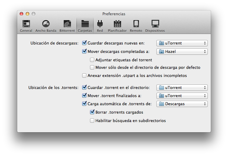 uTorrent - Preferencias/Carpetas