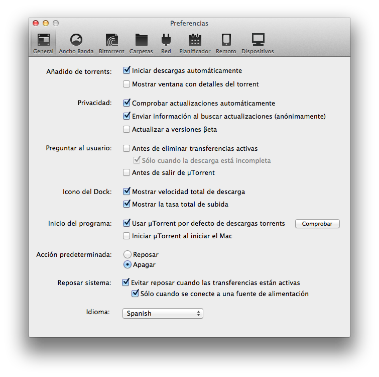 uTorrent - Preferencias/General