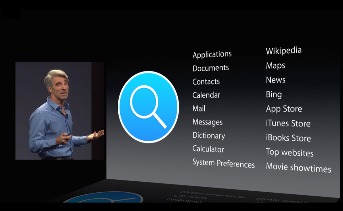 Craig Federighi presentando la nueva *Spotlight* en la *WWDC 2014*